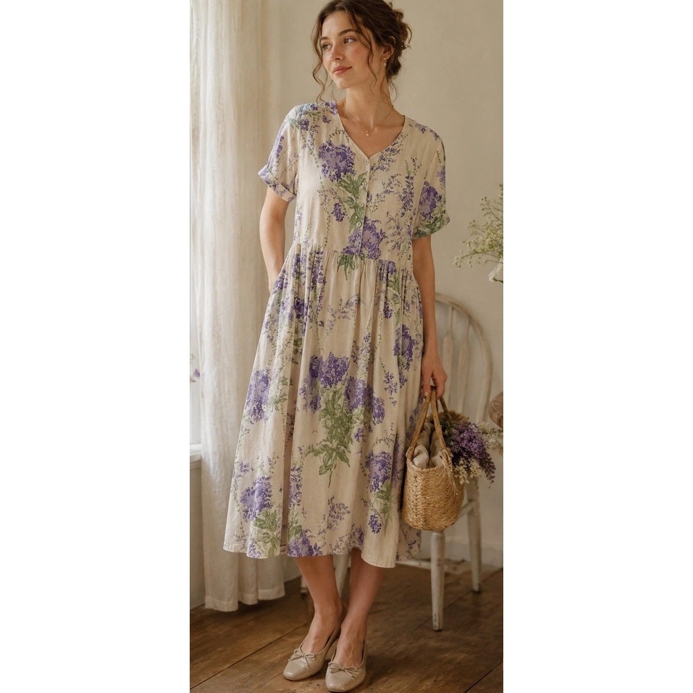 Vtg Serengeti Floral Dress Purple Hydrangea Cream Cotton Linen Cottagecore 3X
